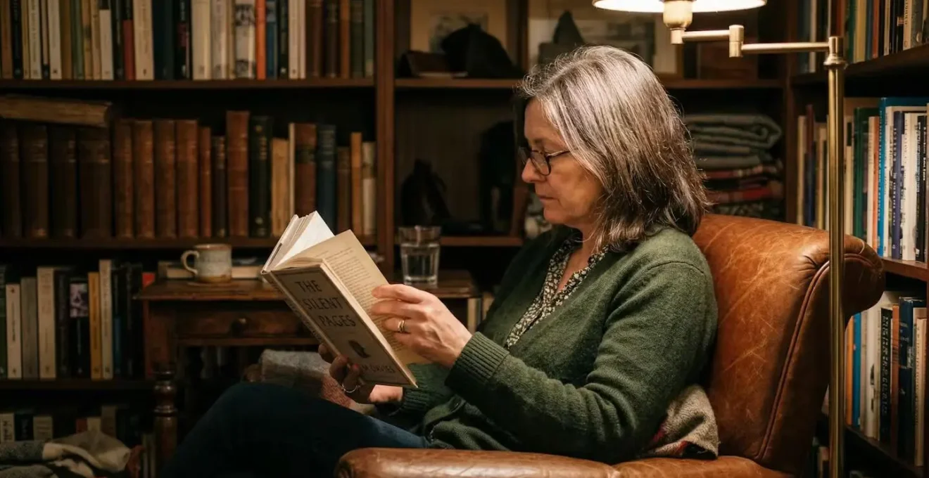 Personne absorbée dans la lecture d'un fac-similé de manuscrit dans un fauteuil