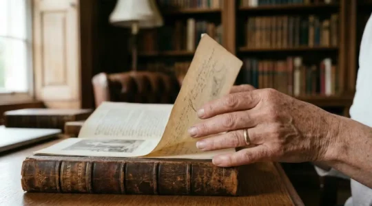 Mains feuilletant délicatement un fac-similé de manuscrit ancien dans une bibliothèque