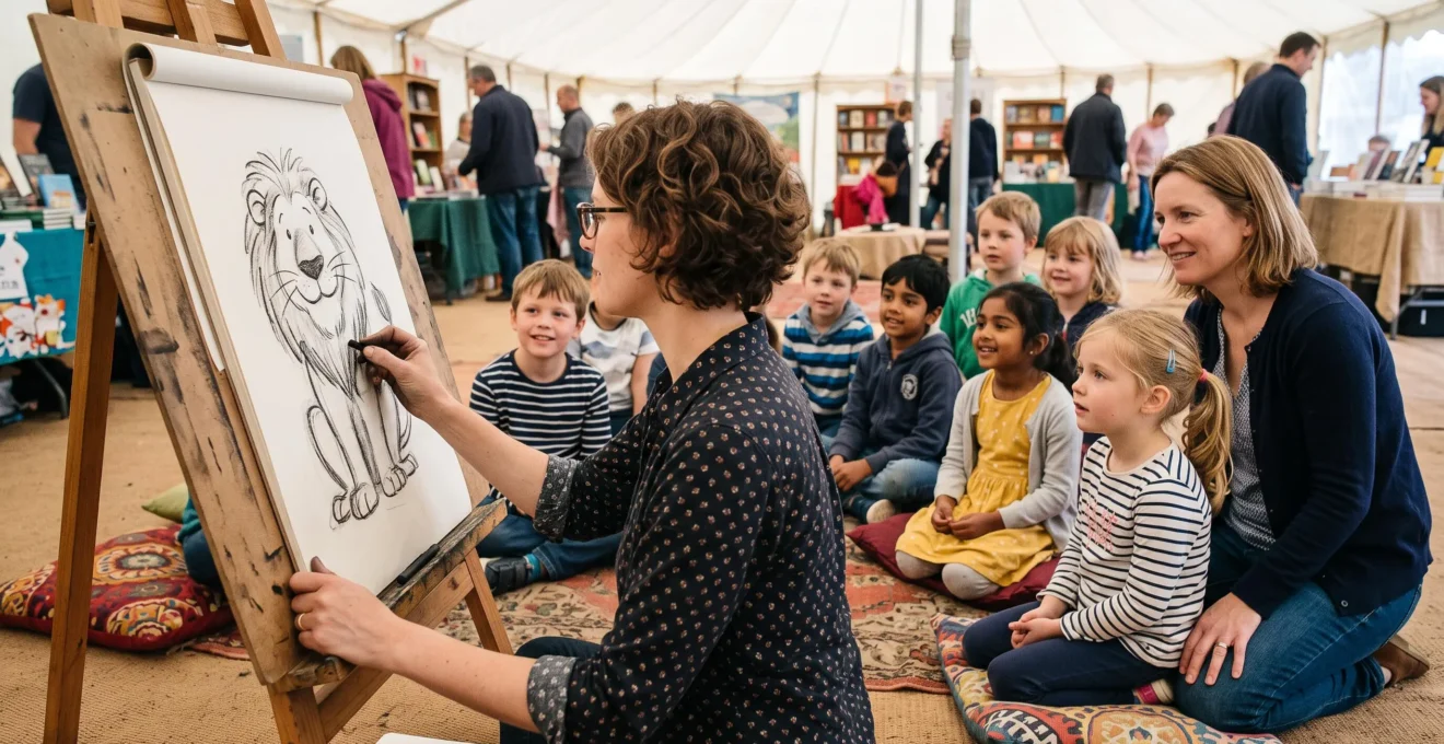 Une illustratrice dessine devant des enfants assis sur des coussins sous une tente du salon.