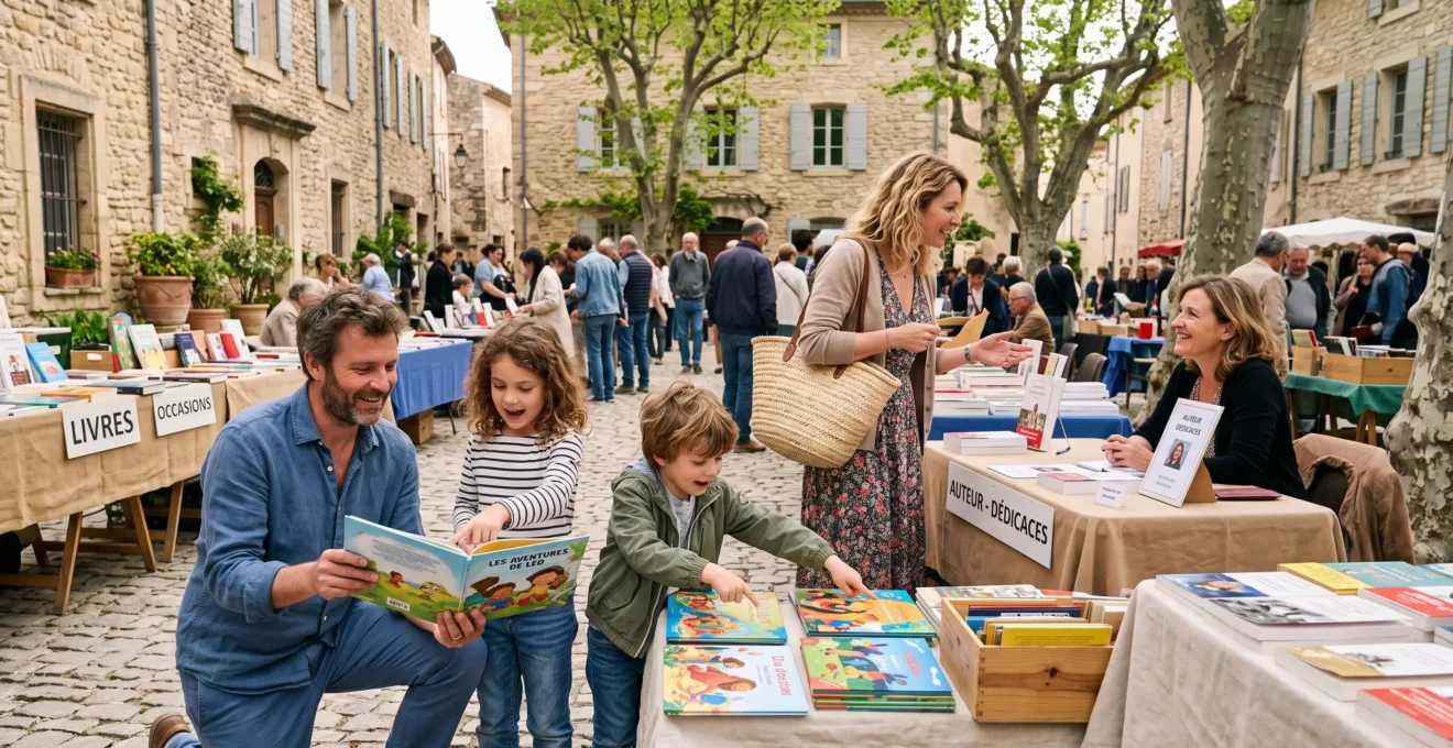Une famille feuillete des livres enfants sur les tables d'un salon dans un village en pierre.