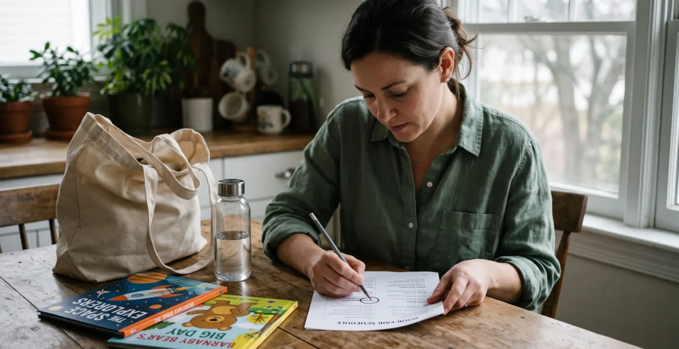 Une femme prépare sa sortie : programme annoté, livres enfants et sac posés sur la table.