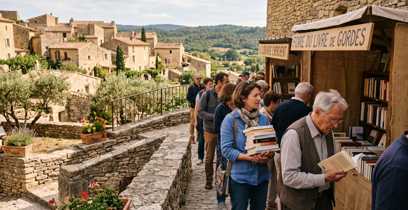 Des visiteurs parcourent les tables du salon sur une place surplombant un village perché.